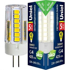 Лампа LED G4, 5W/220В, 3000K, 425Лм, Uniel [LED-JC-220/5W/3000K/G4/CL GLZ09TR]