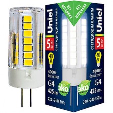 Лампа LED G4, 5W/220В, 4000K, 425Лм, Uniel [LED-JC-220/5W/4000K/G4/CL GLZ09TR]