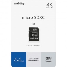 Карта памяти Micro SDXC 64Gb SmartBuy Class 10 U3 V30 A1 Advanced R/W up to 90/55 с адаптером