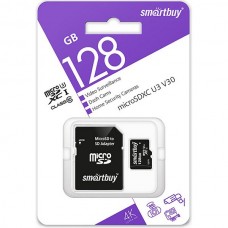 Карта памяти Micro SDXC 128Gb SmartBuy Class 10 U3 V30 для видеонаблюдения с адаптером