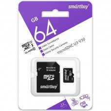 Карта памяти Micro SDXC 64Gb SmartBuy Class 10 U3 V30 для видеонаблюдения с адаптером