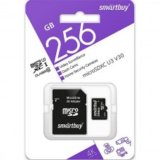 Карта памяти Micro SDXC 256Gb SmartBuy Class 10 U3 V30 для видеонаблюдения с адаптером