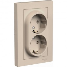 Розетка с/у 2x2P+Е 16A, IP20, со штор., в сборе, Schneider Electric ATLASDESIGN [ATN001226] песочный